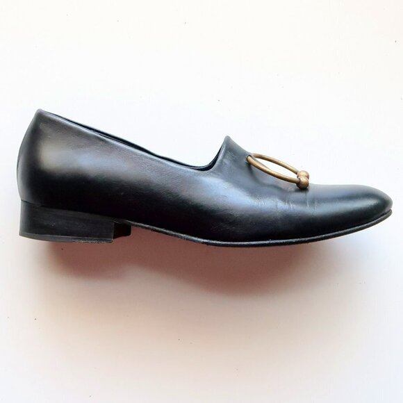 Freda Salvador Black Leather Low Heel Loafers Slip-on Shoes with Ring Detail - Picture 10 of 16